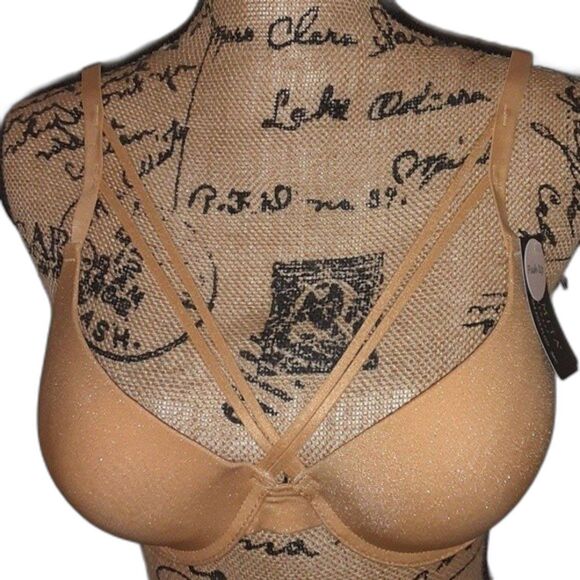 Youmita Pale Gold Glittery Fabric Cross Front 36C Bra NWT - Picture 1 of 9